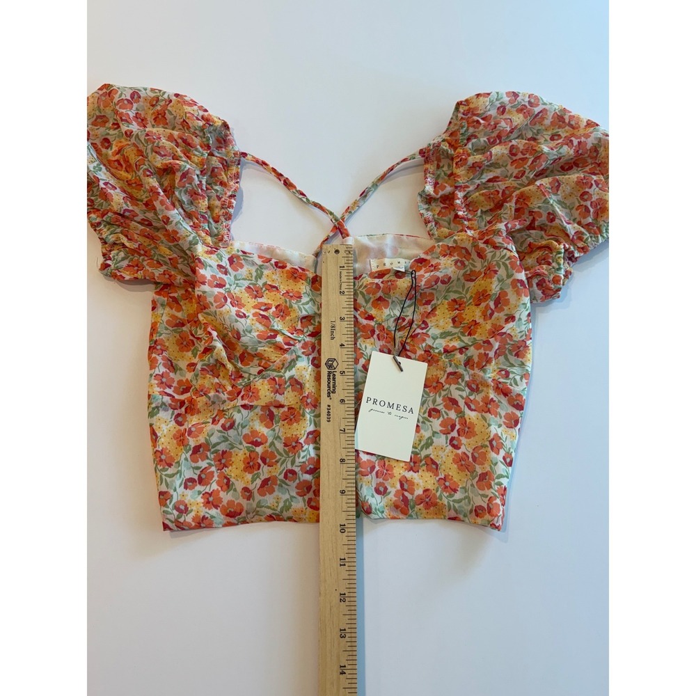 Promesa Floral Puff Sleeve Crop Top Sweetheart Neck Open Back S New - Picture 4 of 7